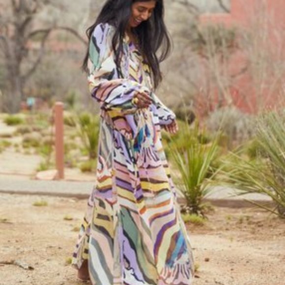 NWT H&M Studio Collection Multicolor Rainbow Silk Maxi Balloon Sleeve Dress - Picture 9 of 11